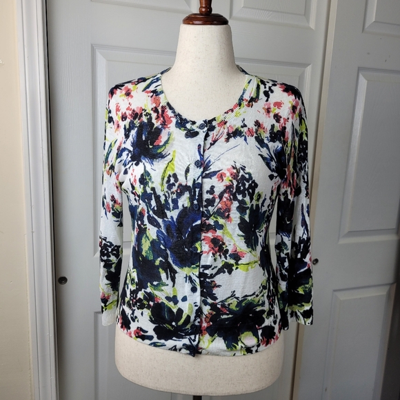 Jones & Co New York women's Cardigan- LARGE- 3/4 Sleeve cream Linen floral print - Picture 4 of 12